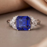 3.10 CT Square Emerald-cut Blue Sapphire Side Stone Ring