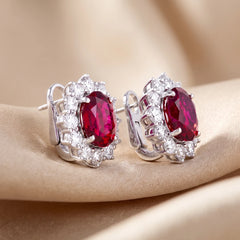 9.45 CT Oval-Cut Ruby & Diamond Halo Earrings