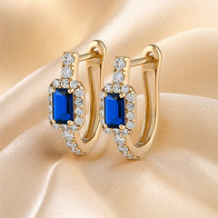 0.94 CT Sapphire & Diamond Emerald-Cut Halo Hoop Earrings