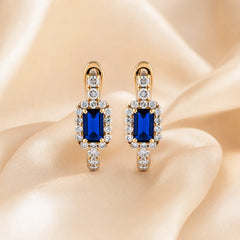 0.94 CT Sapphire & Diamond Emerald-Cut Halo Hoop Earrings