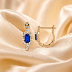 0.94 CT Sapphire & Diamond Emerald-Cut Halo Hoop Earrings