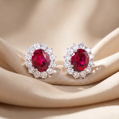 9.45 CT Oval-Cut Ruby & Diamond Halo Earrings
