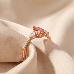 3.78 CT Pear Cut Orange-Pink Three Stone Pave Band Ring