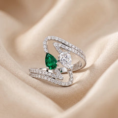 1.3 CT Pear Cut Bypass Ring with Green Emerald