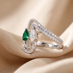 1.3 CT Pear Cut Bypass Ring with Green Emerald