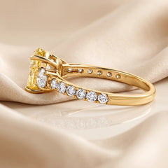 2.23 CT Oval Cut Three Stone Ring – Fancy Yellow Center, Pavé Band