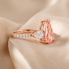 3.78 CT Pear Cut Orange-Pink Three Stone Pave Band Ring