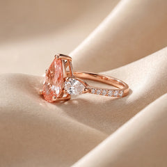 3.78 CT Pear Cut Orange-Pink Three Stone Pave Band Ring