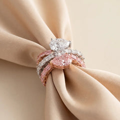 9.1 CT Pink & White Pear & Emerald-cut Crossover Ring