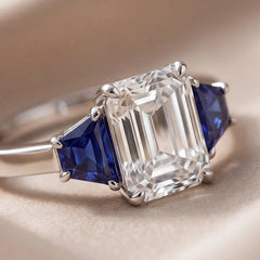 2.70 CT Emerald-cut & Taper Blue Sapphire Three Stone Ring