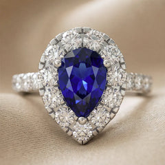 2.98 CT Blue Sapphire Pear Halo Ring