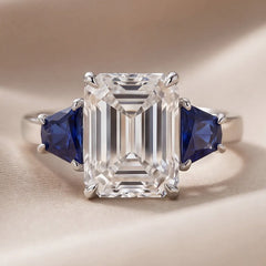 2.70 CT Emerald-cut & Taper Blue Sapphire Three Stone Ring