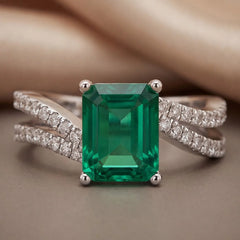2.98 CT Emarald-cut Green Emerald Double Row Wave Ring