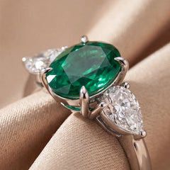 2.80 CT Oval Green Emerald & Pear Three Stone Ring