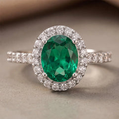 2.69 CT Oval Green Emerald Halo Ring