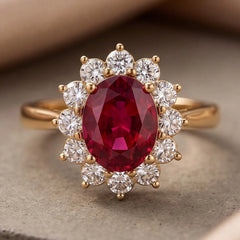 2.83 CT Oval Ruby & Round Diamond Halo Ring