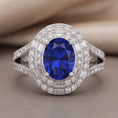3 CT Oval Sapphire & Baguette Diamond Double Halo Ring