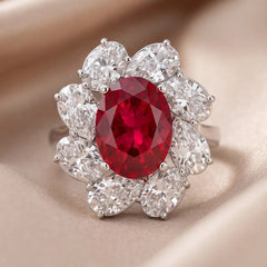 9 CT Oval Ruby Floral Halo Ring