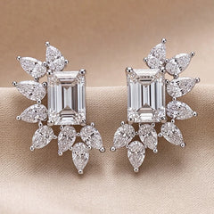 3.18 CT Emerald-cut & Pear Diamond Cluster Stud Earrings