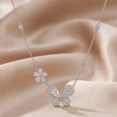 1.28 CT Pear & Round Diamond Butterfly Floral Station Necklace