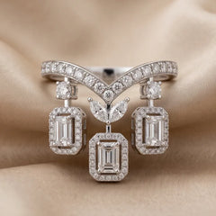 1.27 CT Emerald-cut, Marquise & Round Diamond Halo Drop Ring