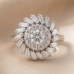 1.14 CT Round & Tapered Baguette Diamond Halo Ring