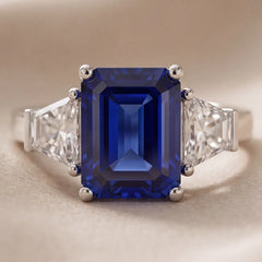 2.70 CT Emerald-cut Blue Sapphire & Taper Three Stone Ring