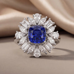4.70 CT Cushion Blue Sapphire Multi Shape Sunburst Halo Ring