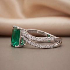 2.98 CT Emarald-cut Green Emerald Double Row Wave Ring