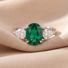 2.80 CT Oval Green Emerald & Pear Three Stone Ring