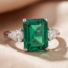 2.50 CT Emerald-cut Green Emerald & Pear Three Stone Ring