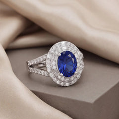 3 CT Oval Sapphire & Baguette Diamond Double Halo Ring