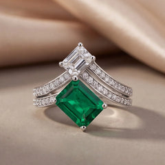 3.21 CT Emerald-cut Green Stone & Diamond Bypass Ring