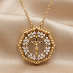1.47 CT Round Diamond Crucifix Halo Chain Pendant