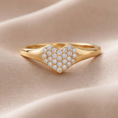 0.13 CT Round Diamond Pavé Heart Signet Ring