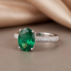 2.35 CT Oval Green Emerald Solitaire Pavé Ring