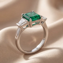 2.70 CT Emerald-cut Green Emerald & Taper Three Stone Ring