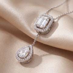 3.02 CT Emerald & Pear Diamond Halo Drop Chain Necklace