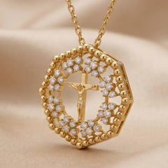 1.47 CT Round Diamond Crucifix Halo Chain Pendant