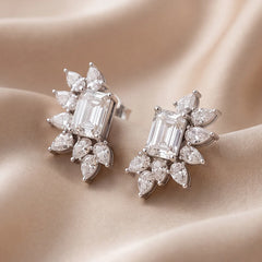 3.18 CT Emerald-cut & Pear Diamond Cluster Stud Earrings