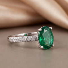 2.35 CT Oval Green Emerald Solitaire Pavé Ring