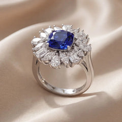 4.70 CT Cushion Blue Sapphire Multi Shape Sunburst Halo Ring