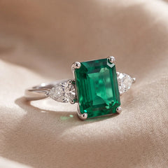 2.50 CT Emerald-cut Green Emerald & Pear Three Stone Ring