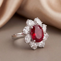 9 CT Oval Ruby Floral Halo Ring