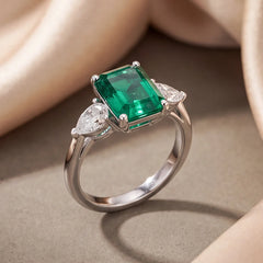 2.50 CT Emerald-cut Green Emerald & Pear Three Stone Ring