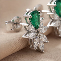 4.02 CT Emerald & Marquise Diamond Floral Cluster Stud Earrings