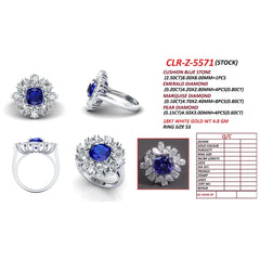 4.70 CT Cushion Blue Sapphire Multi Shape Sunburst Halo Ring