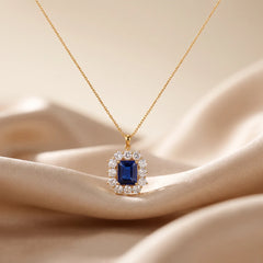 7 CT Sapphire & Diamond Emerald-Cut Halo Pendant