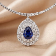15.27 CT Pear Sapphire Double Halo Diamond Pendant
