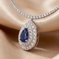15.27 CT Pear Sapphire Double Halo Diamond Pendant
